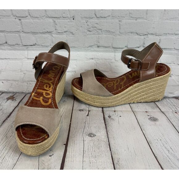 SAM EDELMAN Dimitree espadrille gray brown suede leather wedge sandals 9.5M - Picture 1 of 14